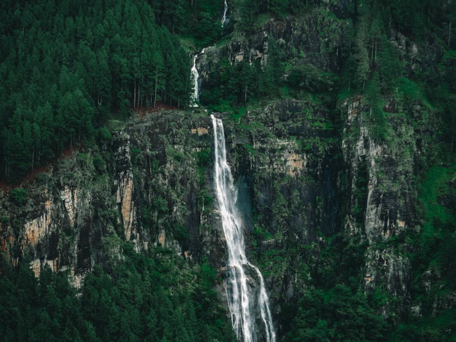 A waterfall dropping through thick green forest in the Sri Lankan hills