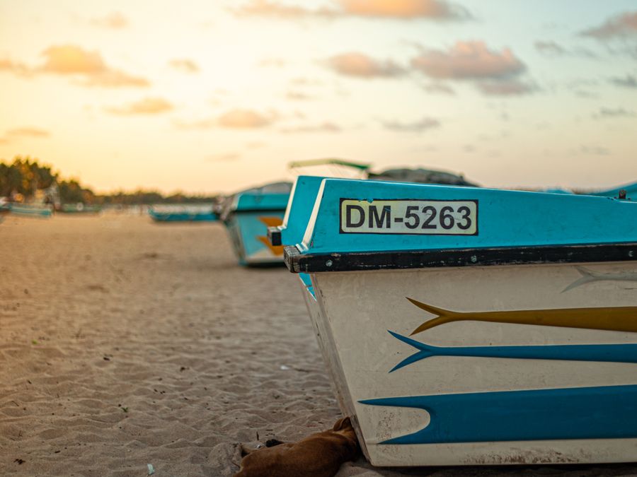 Brightly painted fishing boats drawn up on the sand at Trincomalee at sunrise