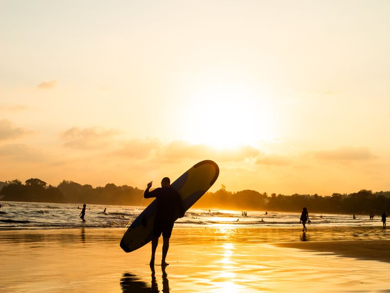 A surfer silhouetted against the sunset carrying a board along a Sri Lankan beach.
