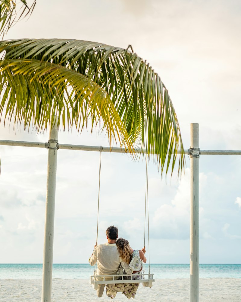A secluded tropical beach cove at golden hour