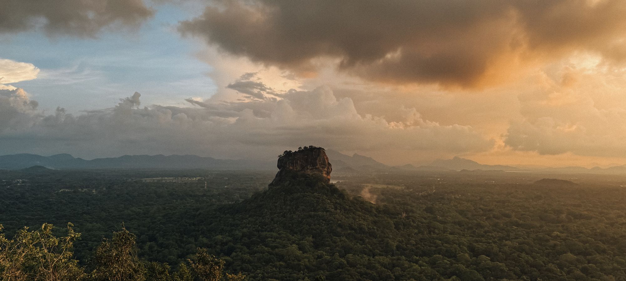 Sigiriya rock rising above forest in warm golden light.
